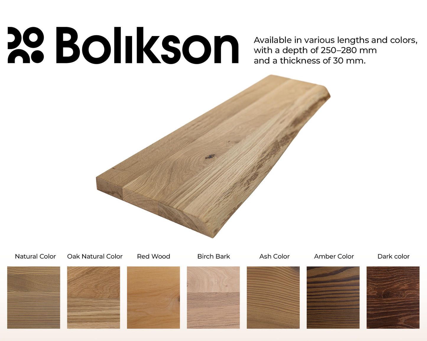 Bolikson wood shelf with color swatches and product details on a white background