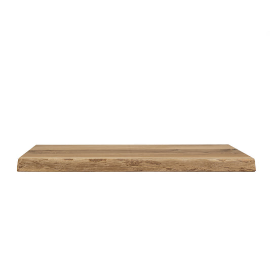 Side view of solid oak floating shelf showing thickness