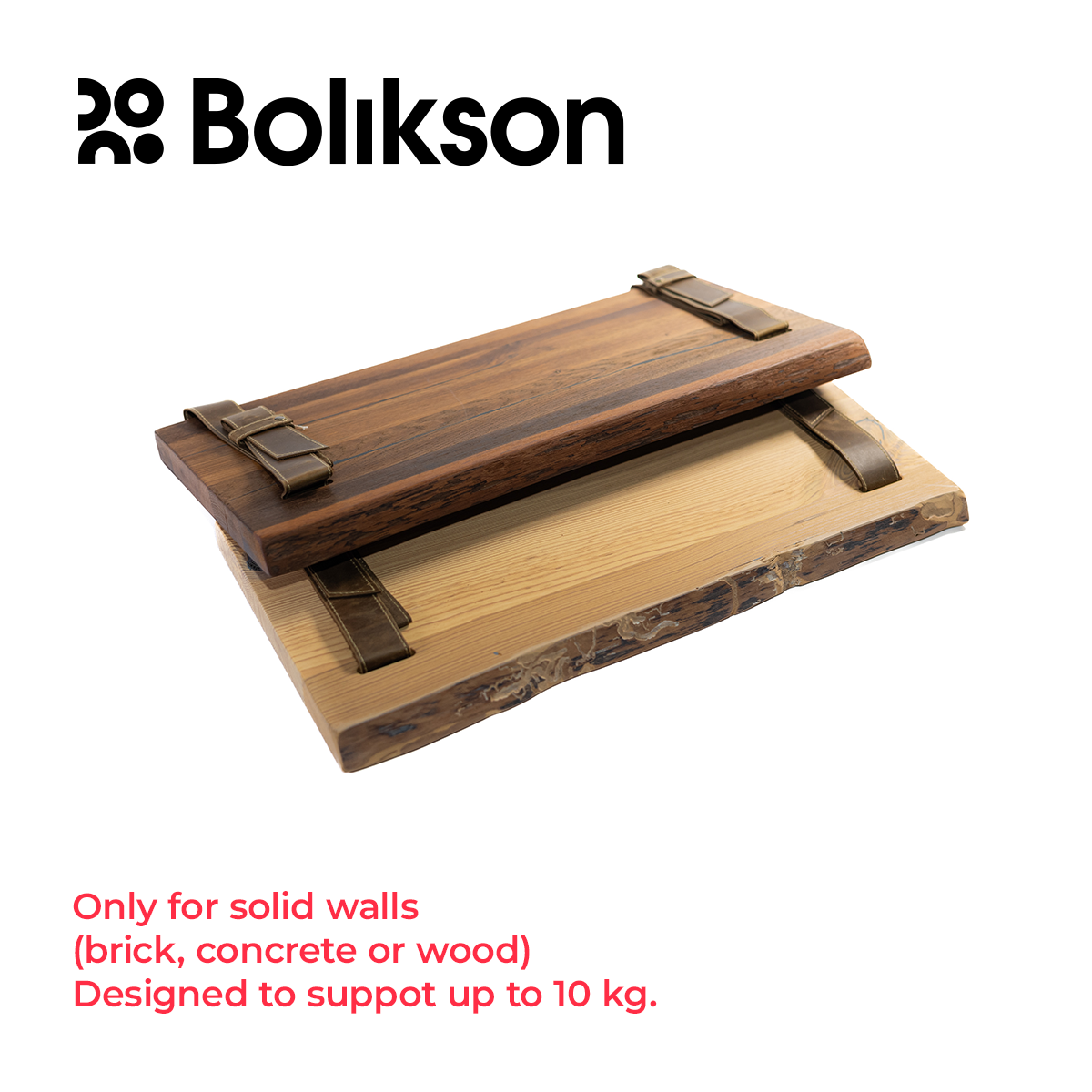 Wooden shelves with metal handles on a white background, featuring the Bolikson brand.