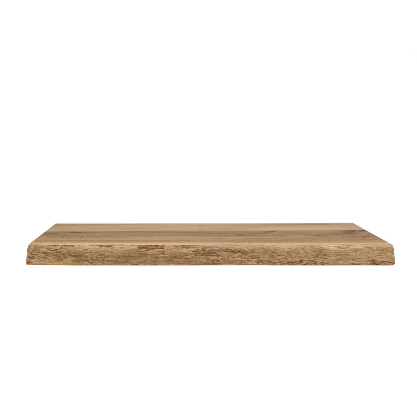 Side view of solid oak floating shelf showing thickness