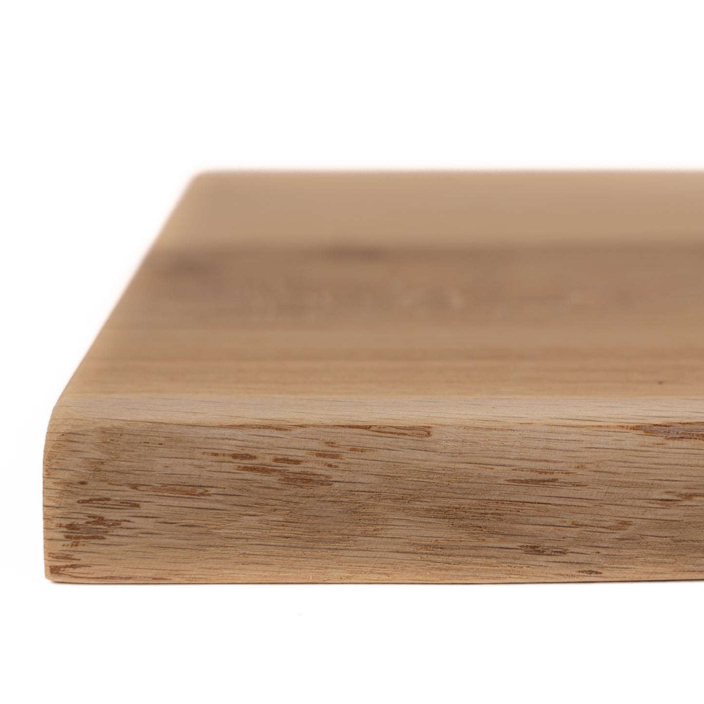 Close-up of a wooden oak shelf on a white background