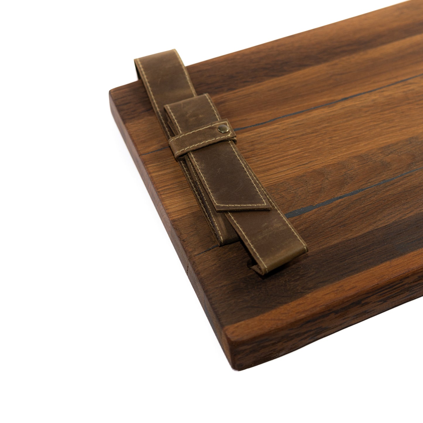 Natural oak wooden shelf with wall with leather straps