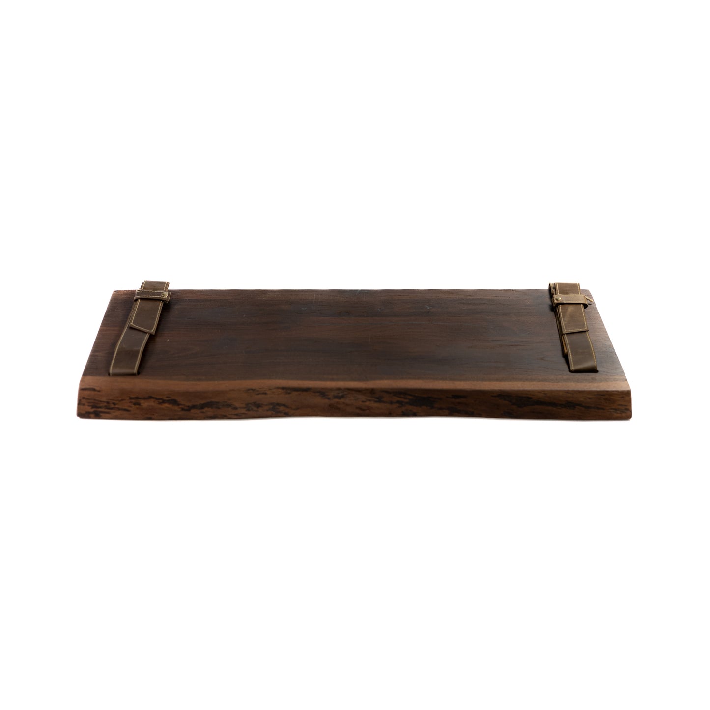 Wooden oak shelf with leather straps on a white background