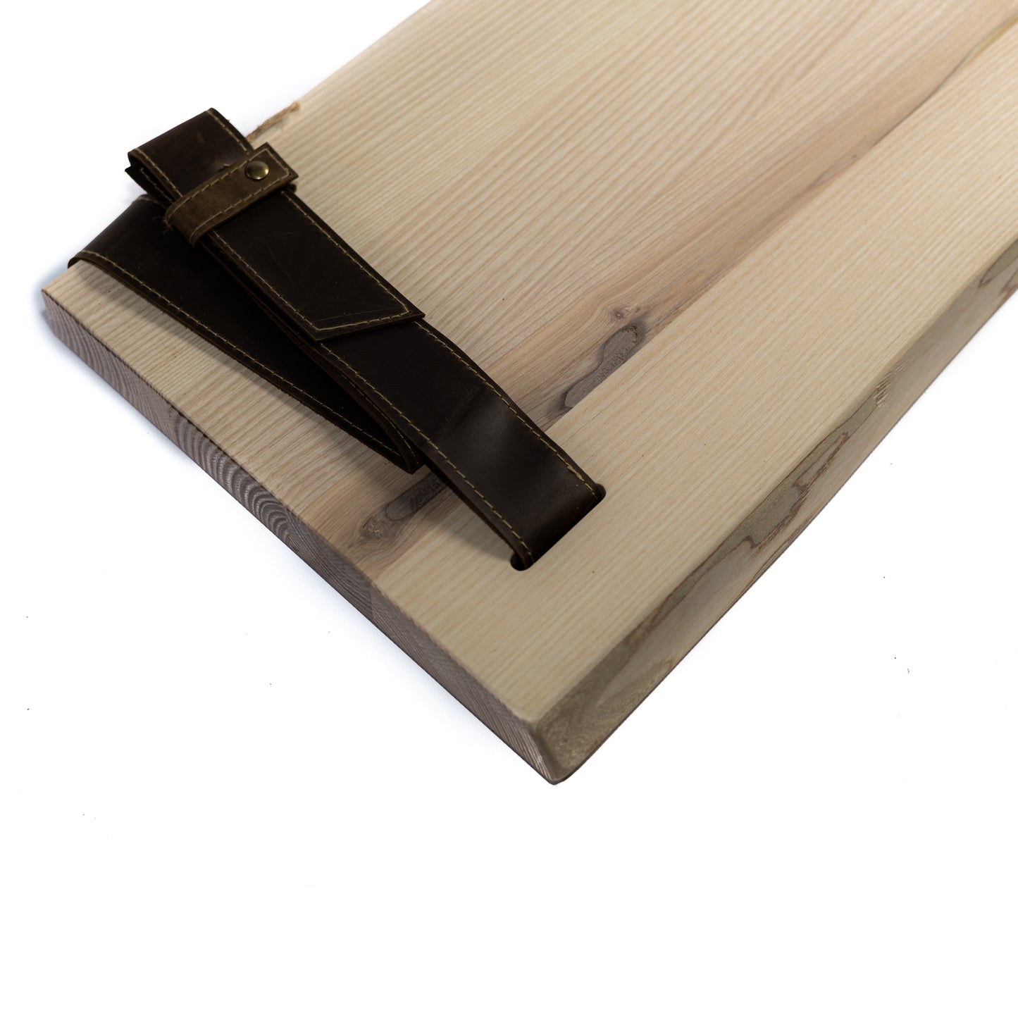 Birch bark wooden shelf with leather straps