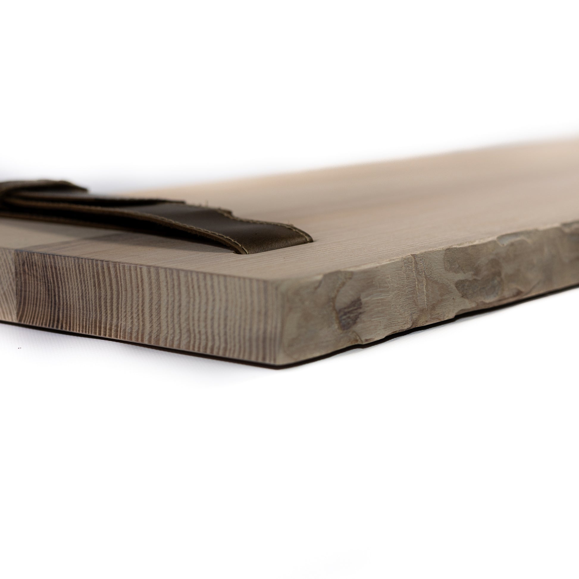 Wooden rustic shelf with a black handle on a white background