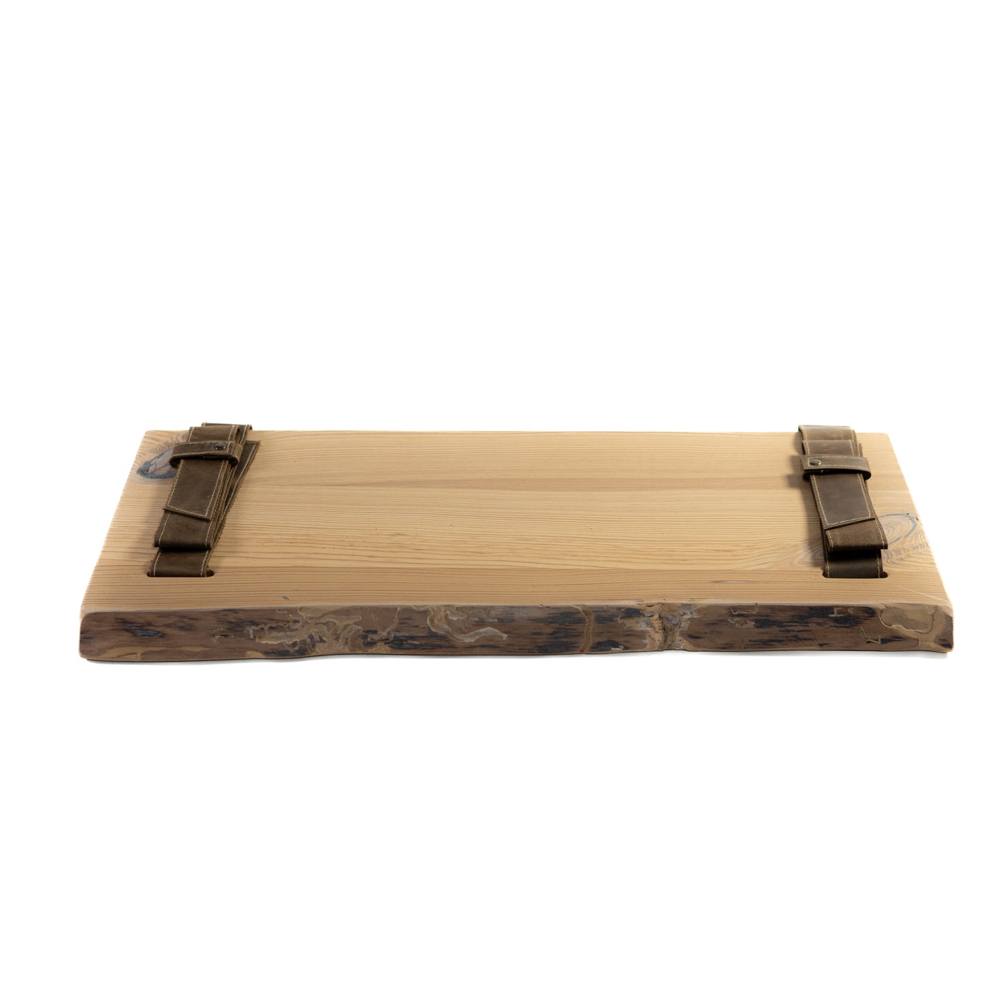 Natural pine wooden shelf suspended on leather straps in bright room