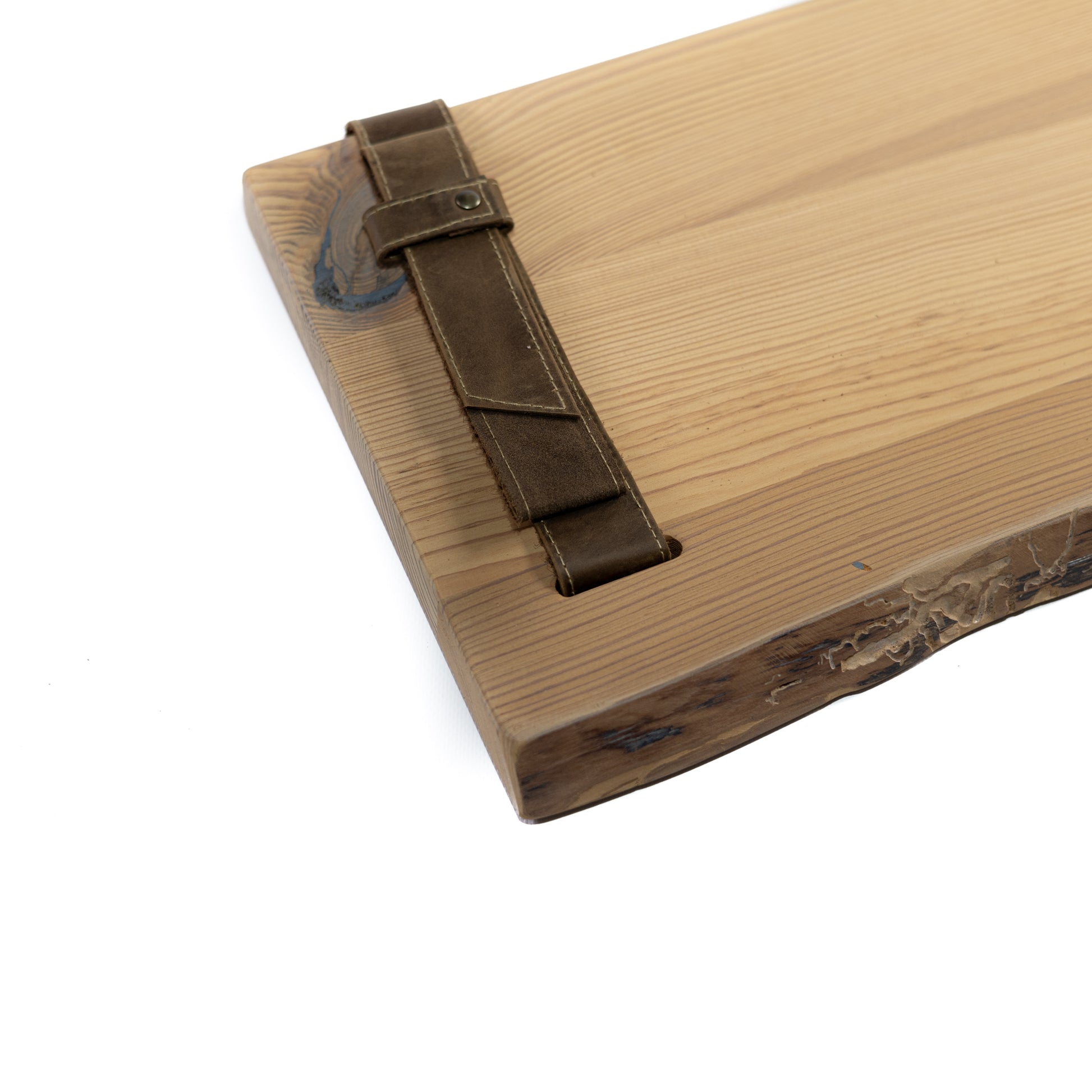 Natural wooden shelf with leather straps