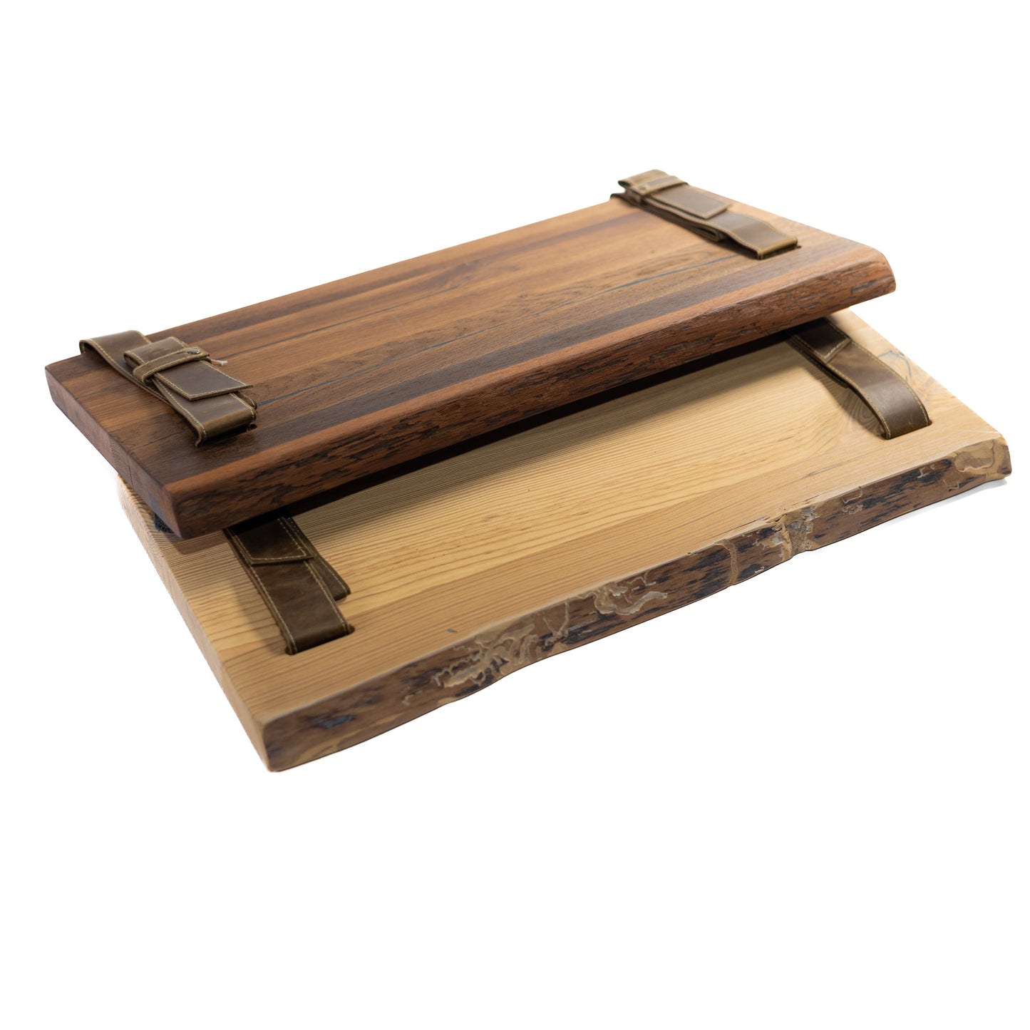 Set of natural pine shelves with leather straps.