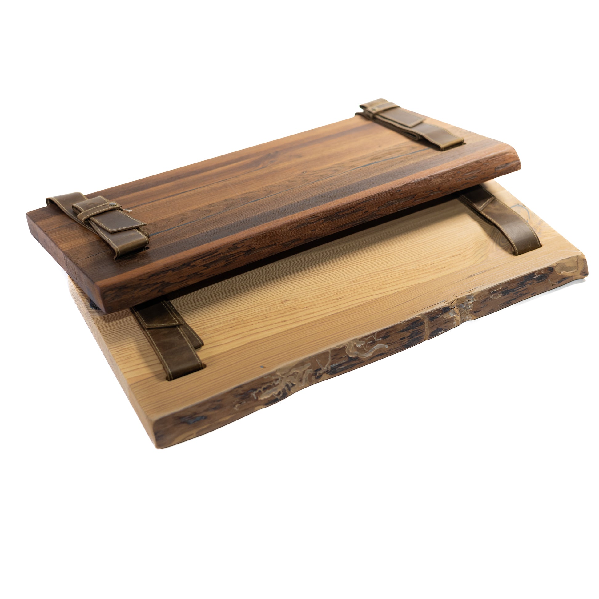 Set of natural pine shelves with leather straps.